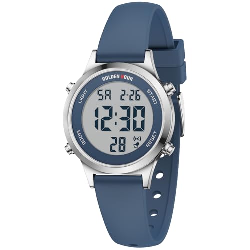 GOLDEN HOUR Waterproof Women's Digital Sports Watches with Silicone Strap, Alarm Calendar Stopwatch Chronograph 32mm Rose Gold Case - color: Blue/Silver