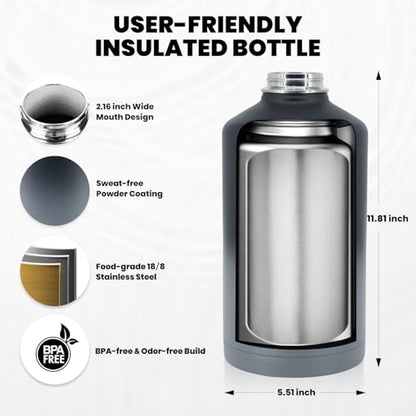RAYMYLO One Gallon Water Bottle Insulated 128 oz, Stainless Steel - color: Dark Gray, size: 128 Ounces