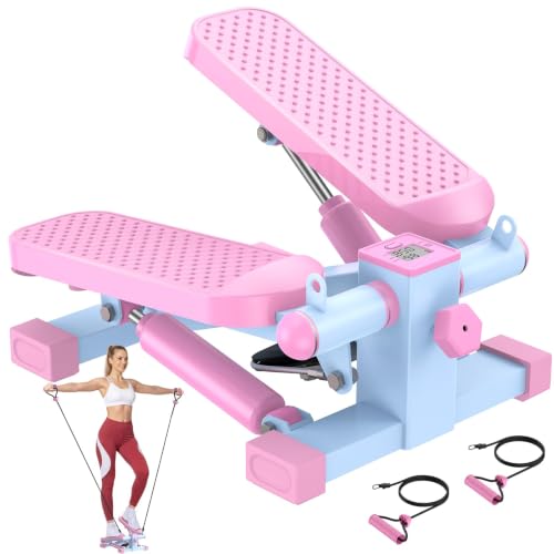 HCOIW Mini Stepper for Exercise at Home,Stair Stepper with Resistance Bands | Compact Stepping Machine with 300 lb Weight Capacity, Full Body Workout Equipment for Legs, Glutes & Cardio - color: Pink and Blue