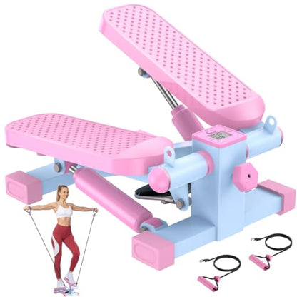 HCOIW Mini Stepper for Exercise at Home,Stair Stepper with Resistance Bands | Compact Stepping Machine with 300 lb Weight Capacity, Full Body Workout Equipment for Legs, Glutes & Cardio - color: Pink and Blue