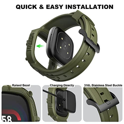 Compatible for Fitbit Versa 4/ Fitbit Sense 2 Bands Men, Rugged Protective Case with TPU Sport Band Smartwatch Wristband Army Green - color: Army Green
