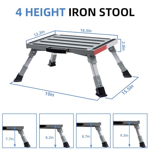 Homeon Wheels Adjustable Iron RV Step Stool, Folding Non-Slip Platform - color: Iron Sliver