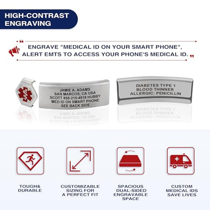 Divoti Custom Dual-Sided Engraved Silicone Medical Alert ID Wristband w/Security Clasp & Trim-to-Fit Band - Style - color: True Black / Brushed Stainless Silver / Red, size: Band Width - 13mm