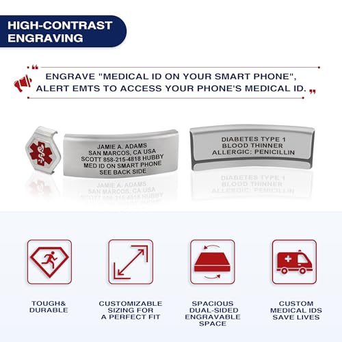 Divoti Custom Dual-Sided Engraved Silicone Medical Alert ID Wristband w/Security Clasp & Trim-to-Fit Band - Style - color: Concrete Gray / Brushed Stainless Silver / Red, size: Band Width - 13mm