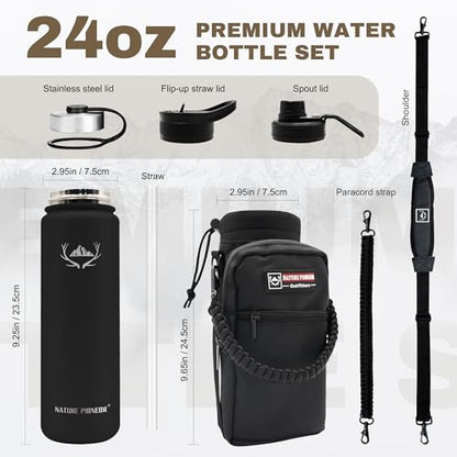 NATURE PIONEOR 24 oz Insulated Water Bottle with Carrier Bag & 3 Lids - color: Black, size: 24 Ounces
