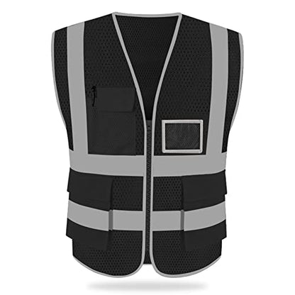 HYCOPROT High Visibility Mesh Safety Reflective Vest with Pockets and Zipper, Meets ANSI/ISEA Standards - color: Black, size: Medium