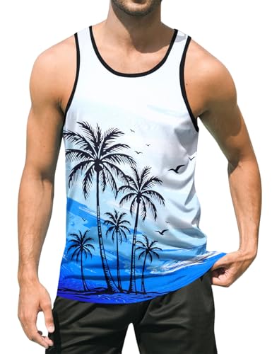 uideazone Mens Beach Tank Tops Summer Graphic Sleeveless Workout Shirt - color: Blue Ocean Palm Tree, size: XX-Large