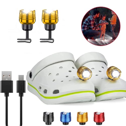 2 Pcs Metal Rechargable Headlights for Crock, Outdoor Waterproof LED Flashlight for Shoes, Clip on Crock Light Attachment Charm, Accessories for Camping, Cycling, Walking, 3 Light Modes, Last 72 Hours - color: Gold, size: 2 PCS