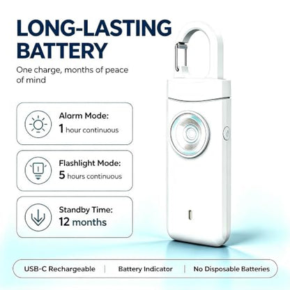 Personal Alarm Keychain 130dB Loud Siren, USB-C Safety Alarm with LED Flashlight & Strobe Light, Emergency Panic Button for Women, Elderly, Seniors, Night Running, Outdoor Travel (White) - color: White
