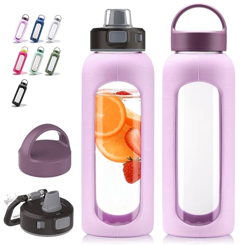 Kodrine Glass Water Bottle 32 oz with Straw and 2 Lids, Light Purple - color: Light Purple, size: 32 Ounces