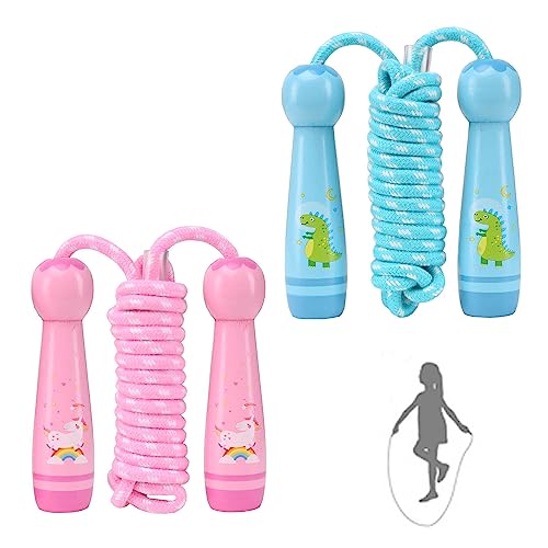 Jump Rope for Kids, Children Adjustable Cotton Skipping Rope with Wooden Handle for Boys Girls Fitness Outdoor Activity - color: Pink+Blue