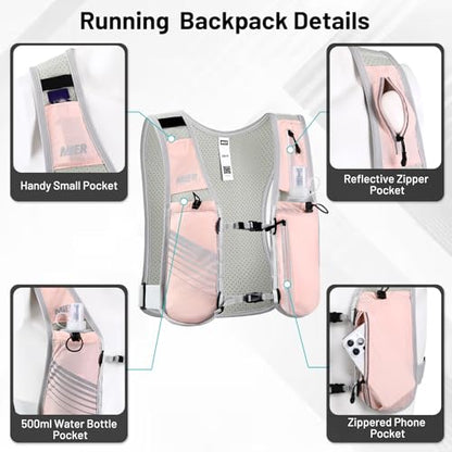 MIER Reflective Running Vest for Men Women with 500ml Soft Hydration Flask - color: Pink, size: XSmall/Small