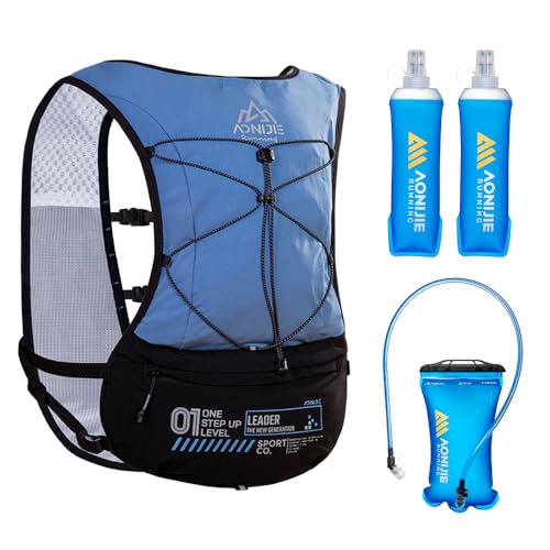 ICE FLAME Hydration Backpack Vest, 5L Multifunctional Outdoor Running Backpack fit 6.8 Inches Phone for Marathon Training, Hiking, Trail and Walking - style: Blue 1.5L bladder & 2*500ml flask