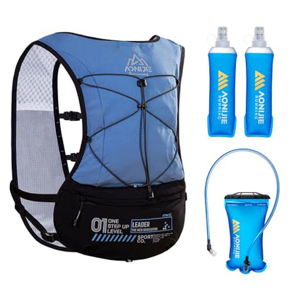 ICE FLAME Hydration Backpack Vest, 5L Multifunctional Outdoor Running Backpack fit 6.8 Inches Phone for Marathon Training, Hiking, Trail and Walking - style: Blue 1.5L bladder & 2*500ml flask