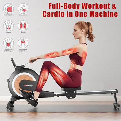 Wenoker Rowing Machine for Home, Magnetic Rower Machine, 350 LB Weight Capacity, 16-Level Silent Resistance Row Machine for Gym Exercise - color: Wood grain-APP