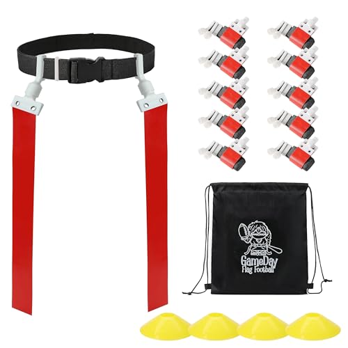 Gameday Flag Football Set – Kits for 2–14 Players w/Belts, Agility Cones & Carry Bag – Available in Multi Colors & Sizes - color: Red 10 Pcs, style: 10 Pcs