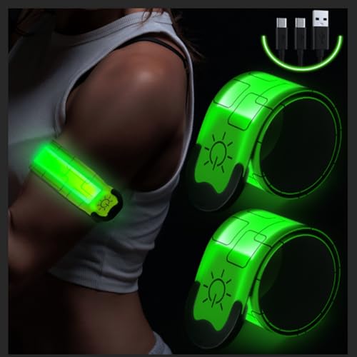Simket LED Armband Rechargeable for Running(2 Pack), Running Lights for Runners, Running Lights, High Visibility Reflective Running Gear Adjustable Light Up Arm Bands for Men Women Kids - color: green