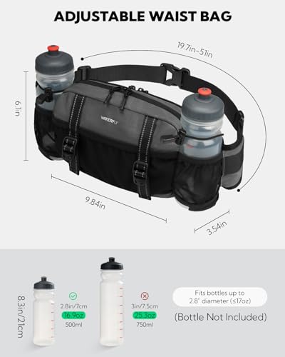 WATERFLY Large Hiking Fanny Pack: 3L Waist Bag with 2 Bottle Holders for Women Men - 9 Pockets & Adjustable Belt Lumbar Hip Packs for Travel Running Cycling Camping Workout (Bottles Not Included) - color: Gray-black