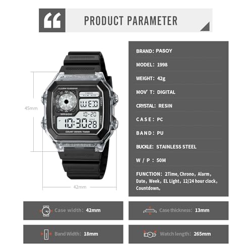 PASOY Men's Digital Sport Watch Waterproof Dual Time Stopwatch Countdown - color: Rubber/Green