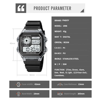 PASOY Men's Digital Sport Watch Waterproof Dual Time Stopwatch Countdown - color: Rubber/Green