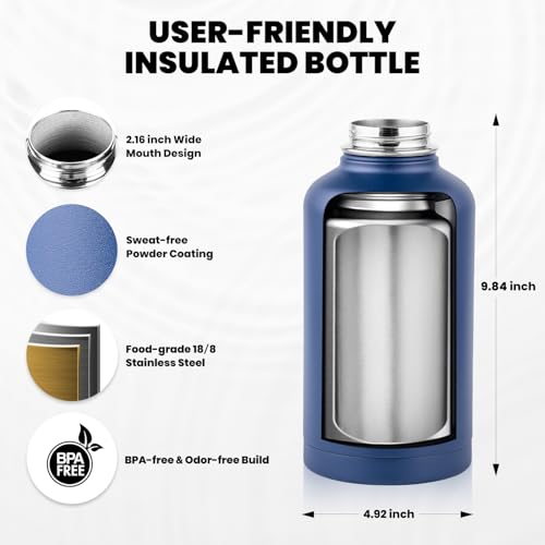 RAYMYLO Insulated Water Bottle 64 oz, Triple Wall Vacuum Stainless Steel - color: Dark Blue, size: 64 Ounces