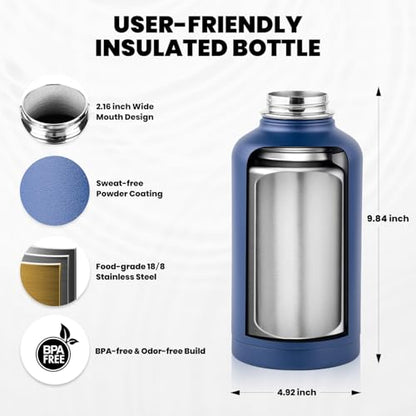 RAYMYLO Insulated Water Bottle 64 oz, Triple Wall Vacuum Stainless Steel - color: Dark Blue, size: 64 Ounces