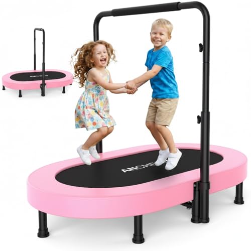 ANCHEER 56" Double Mini Trampoline for Kids, Mini Rebounder with 5-Level Adjustable Handle, Parent-Child Trampoline for Kids, Max Load 220lbs, Fun for Indoor/Outdoor - color: Pink