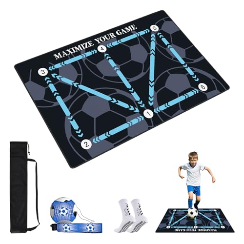 Soccer Training Mat 35 x 24 in, Anti-Slip Silent Footwork Pad with Kick Trainer, Socks & Storage Bag, Improve Agility & Ball Mastery, Indoor Outdoor Football Gear for All Ages - color: Blue, size: 35 x 24 in