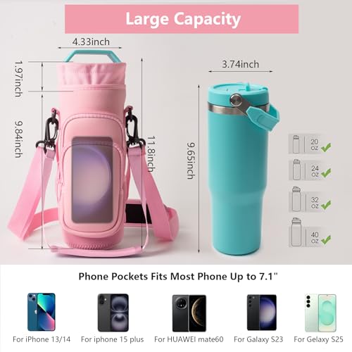 Water Bottle Holder Carrier Bag Fits Stanley IceFlow Owala 16/24/32/40oz - color: Rose Pink, size: 16-40 Oz wihtout Handle