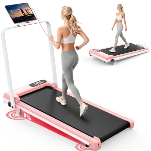 Walking Pad Treadmill with Handle Bar with 8% Incline,2.5HP Quiet Under Desk 320 lbs 2 in 1Treadmills for Home Office,Compact Foldable Walking Pad,Remote Control&LED Display - color: Light Pink
