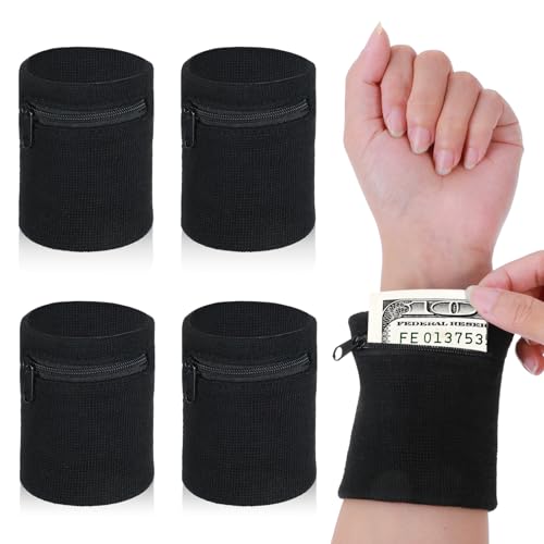 4PCS Black Wrist Wallet, Wrist Sweatband with Zipper Breathable Wristbands Ankle Wallet Coin Keys Storage Pouch Pocket for Gym Running Hiking Jogging Sports