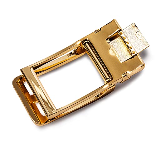 Dubulle Mens Ratchet Belt Gold Click Buckle Adjustable Leather Belts - color: Shiny Gold, size: Adjustable from 24" to 38" Waist
