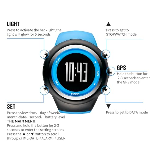 EZON GPS Running Watch with Distance Pace Alarm and Calorie Counter and Stopwatch for Men (Blue) - color: Blue