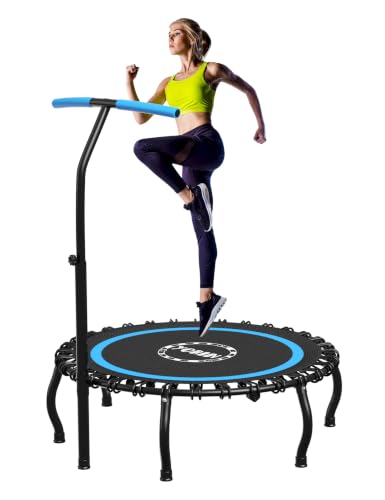 YORIN Rebounder Tranpoline for Adults, 330LBS Fitness Indoor Tranpoline, 40" 48" 50" Mini Exercise Tranpoline with Bungees, Stable Quiet Workout Small Tranpoline, Equipment Exercise at Home - color: Blue (W/ Bar), size: 50inch