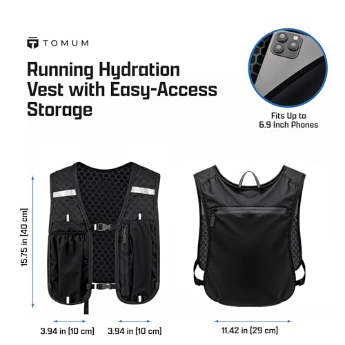 Tomum Running Vest for Women Men - Hydration Backpack Water Bottle Runner Vest for Hiking Trail Run Marathon Jogging - Lightweight Reflective Runners Vests Water Bag Back Pack with Pocket - size: 1-pack