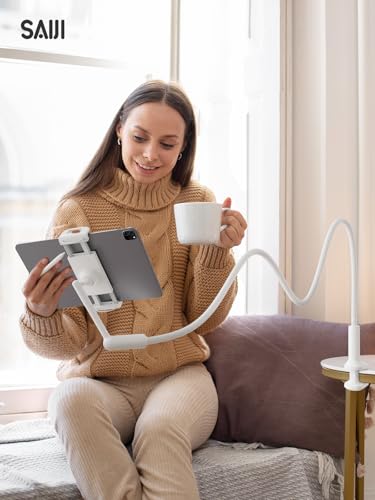 SAIJI Gooseneck Tablet Holder for Bed, One-Hand Adjustable, 47" Length, Upgraded Base, iPad Holder Stand Flexible Lazy Arm, Compatible with iPad/iPhone/Kindle/Switch or Other 4.7-13" Device (White) - color: White