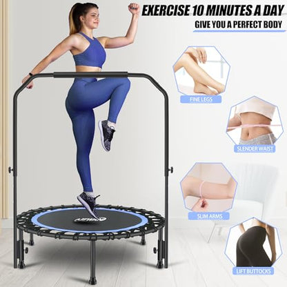 Newan 40" Silent Mini Trampoline with Adjustable Handle Bar Fitness Trampoline Bungee Rebounder Jumping Cardio Trainer Workout for Adults - Max Limit 330 lbs - color: blue