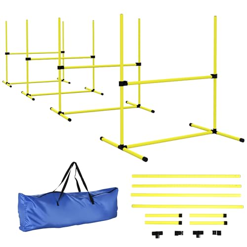 PawHut 4 Piece Dog Agility Training Equipment for Dog Agility Course with Adjustable Height Jump Bars, Included Carry Bag, & Displacing Top Bar, Yellow - color: Yellow, size: 4 Piece