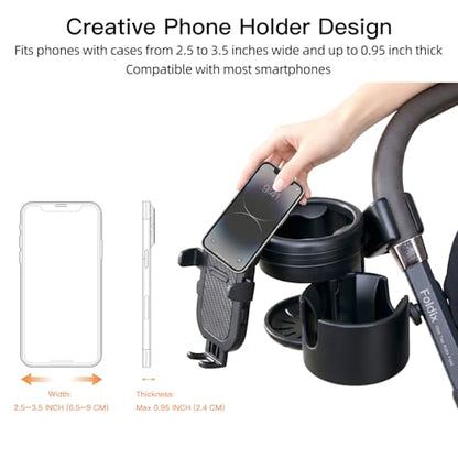 Gromast Universal Stroller Cup Holder with Phone Holder, 3-in-1 Detachable Drink Holder 360° Rotatable, Adjustable Cup Holder for Baby Stroller, Tricycle - Black - color: Black-4-in-1
