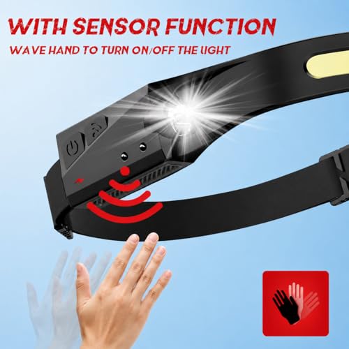 Tactical Headlamp Rechargeable 230° Wide Beam LED Tactical Headlamp, Rechargeable USB-C Headlamp with Motion Sensor, 350 Lumens, IPX4 Waterproof, Head lamp for Camping Essentials, Hiking, Running
