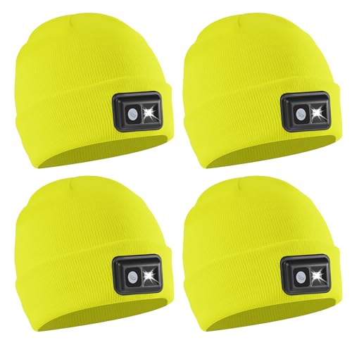 POWERCAP LED Hat Light 150 Lumens Rechargeable Fleece Beanie with Bright Built-in Headlamp Waterproof LED Warm One Size Cap - color: Knit Hi Vis Yellow 4-pack