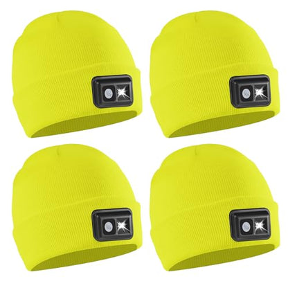 POWERCAP LED Hat Light 150 Lumens Rechargeable Fleece Beanie with Bright Built-in Headlamp Waterproof LED Warm One Size Cap - color: Knit Hi Vis Yellow 4-pack