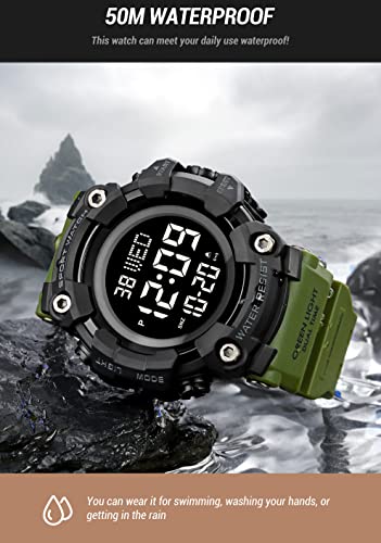 XCZAP Men's Black Digital Sports Watch, Large Face Military Tactical Watch, 5ATM Water Resistant, LED Backlight, Alarm, Stopwatch,Dual Time - color: Army Green