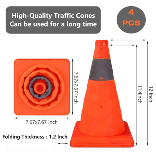 WOPPLXY 4 Pcs 12 Inch Collapsible Traffic Cones, Multi-Purpose Pop up Road Cones with Reflective Collar for Road Safety, Orange Cones for Training, Parking Lot and Driving Practice