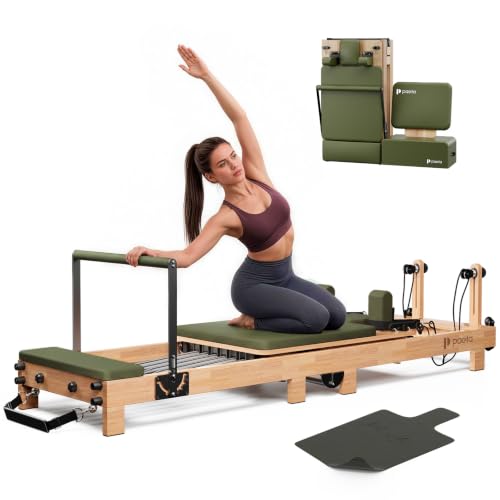 Pilates Reformer, PAETA 92" Wooden Pilates Reformer Machine with Springs, Pilates Machines for Home Use and Studio, Pilates Equipment with Sitting Box, Jump Board and Accessories - color: Olive