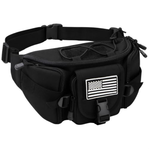Tactical Fanny Pack for Men Women, Large Waist Packs with 5 Zipper Pockets, Adjustable Strap Hip Belt Bag for Outdoor Hiking Fishing Running Traveling, Crossbody Bumbag with Patch - Black - color: Black