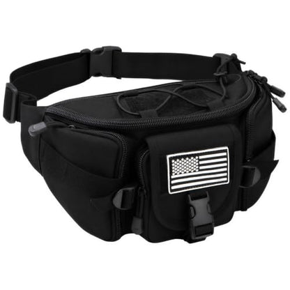 Tactical Fanny Pack for Men Women, Large Waist Packs with 5 Zipper Pockets, Adjustable Strap Hip Belt Bag for Outdoor Hiking Fishing Running Traveling, Crossbody Bumbag with Patch - Black - color: Black