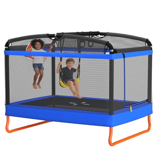LANGXUN 6FT Rectangle Trampoline for Kids, 5-in-1 Toddler Trampoline, ASTM Approved Indoor Outdoor Mini Trampoline with Safety Enclosure Net Age 1-10 - color: Blue&Black