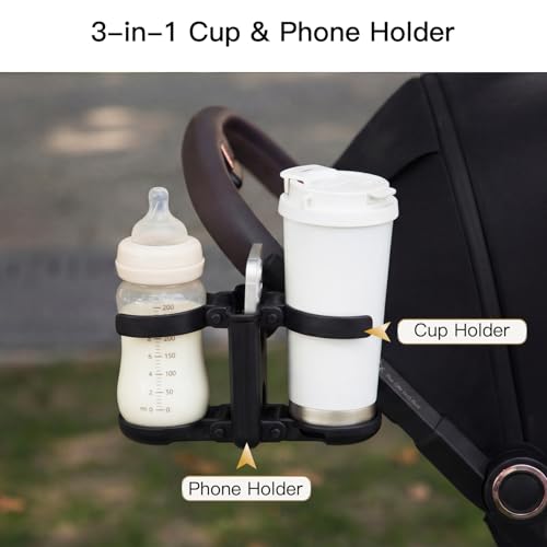 Gromast 3 in 1 Foldable Stroller Cup Holder with Phone Holder, 360° Rotatable Bottle Holder, Universal Cup Holder for Baby Stroller, Tricycle - Black - color: Black-3-in-1