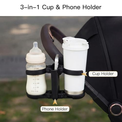 Gromast 3 in 1 Foldable Stroller Cup Holder with Phone Holder, 360° Rotatable Bottle Holder, Universal Cup Holder for Baby Stroller, Tricycle - Black - color: Black-3-in-1